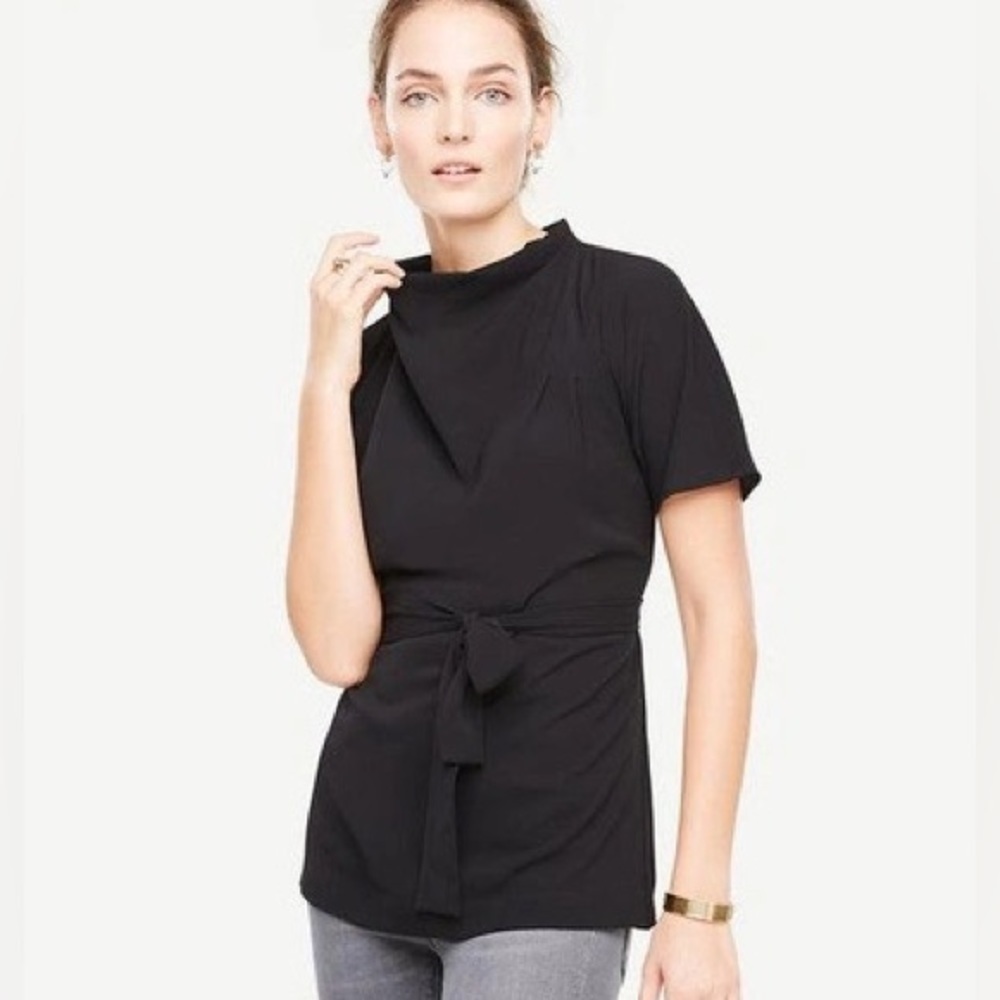 Ann Taylor Petite Mock Neck Tie Waist Tunic Black‎ XXS NWT